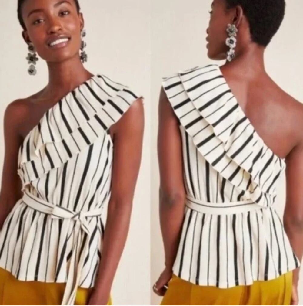 Maeve Anthropologie Striped Ruffle Tie Waist One Shoulder Top Small